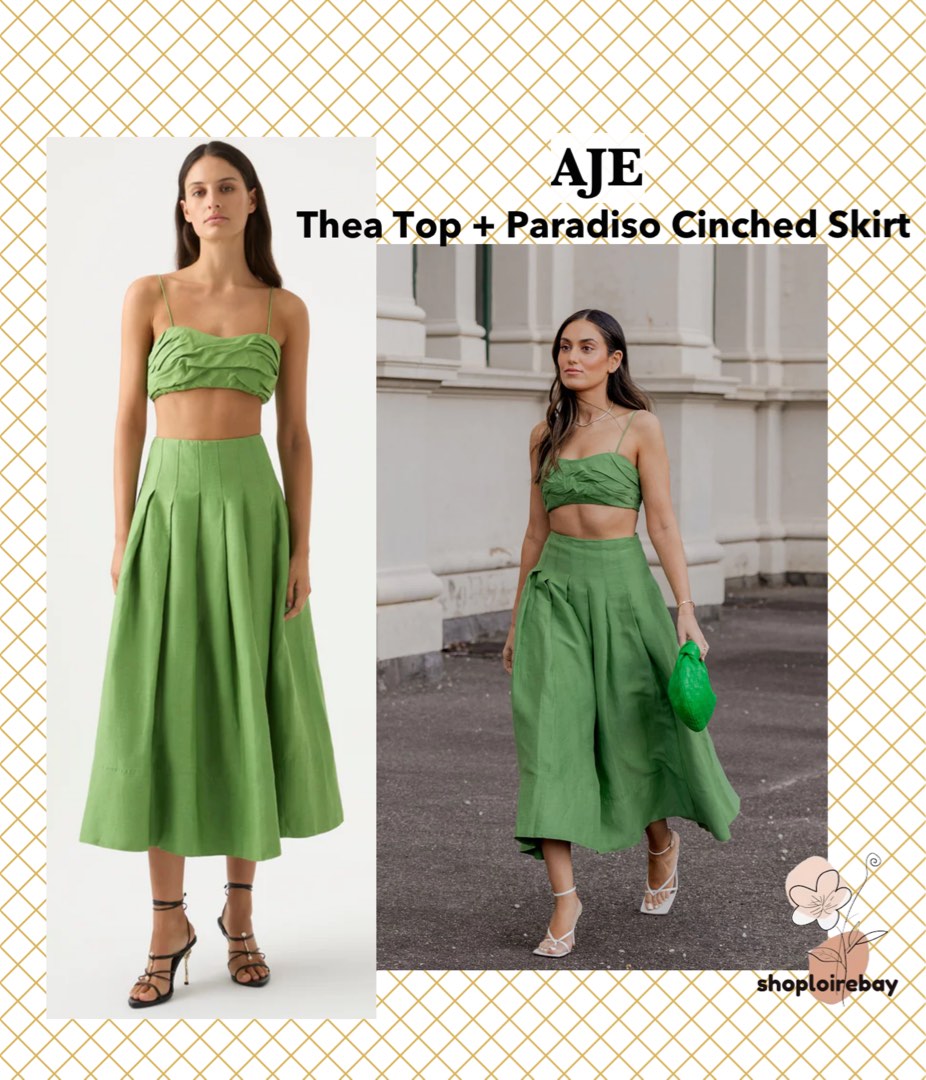 INSTOCK (AU6) ✨ Thea Top & Paradiso Cinched Midi Skirt Green