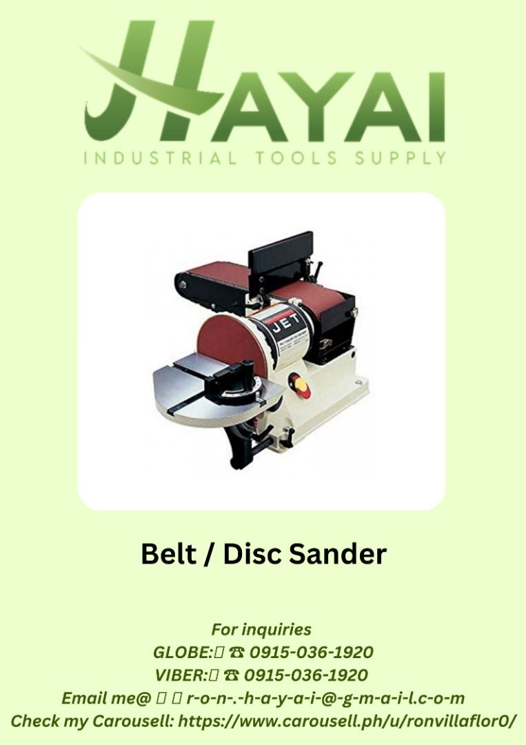 BELT/DISC SANDER (Category: Construction Tools & Equipment) located in Manila. Submitted by 09150361920ronvillaflor (Listing ID 1227091192, Image 1). Description: BELT/DISC SANDER Brand: Jet Model JSG-96 40,850.00 Motor: 3/4HP, 220volts, 60Hz., 1 Phase Belt size: 48 x 6" Disc Diameter: 9" Belt speed: 2258spm Disc speed: 1725rpm For inquiries GLOBE:📞 ☎ 0915-036-1920 VIBER:📞 ☎ 0915-036-1920 Email me@ 📫 📑 r-o-n-.-h-a-y-a-i-@-g-m-a-i-l.c-o-m Chec