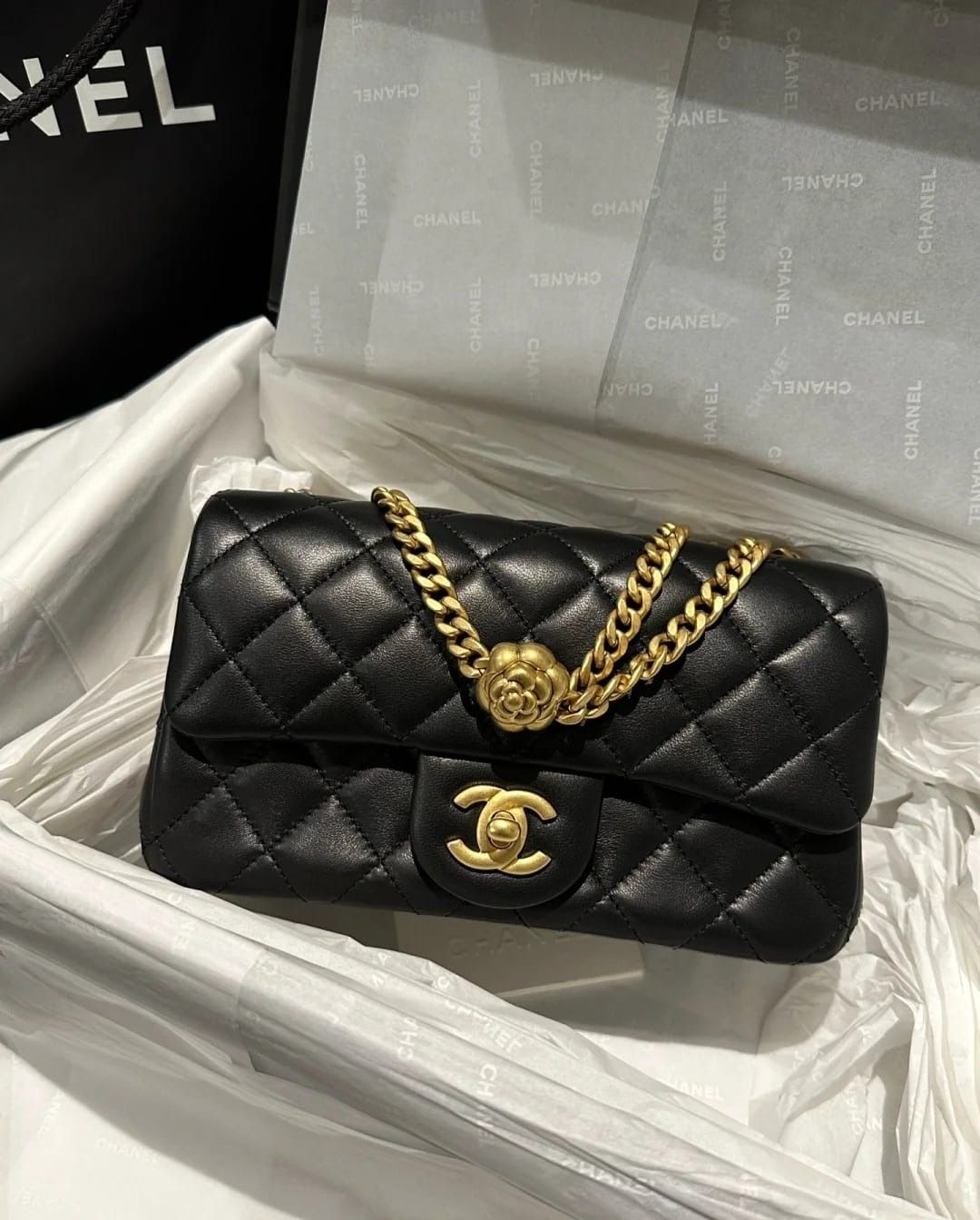 Chanel Quilted Mini Square Flap with Camellia Adjustable Chain Blue Cl –  Coco Approved Studio