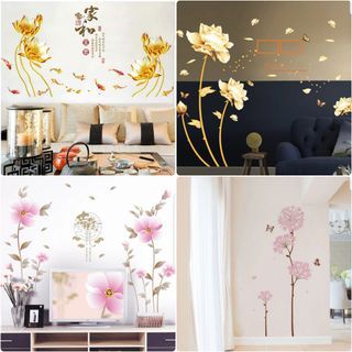 Hari raya decoration Gold Rose Dream Pink Flowers / Fantasy Lily Tulip Green leaves bird cage Sakura wall stickers