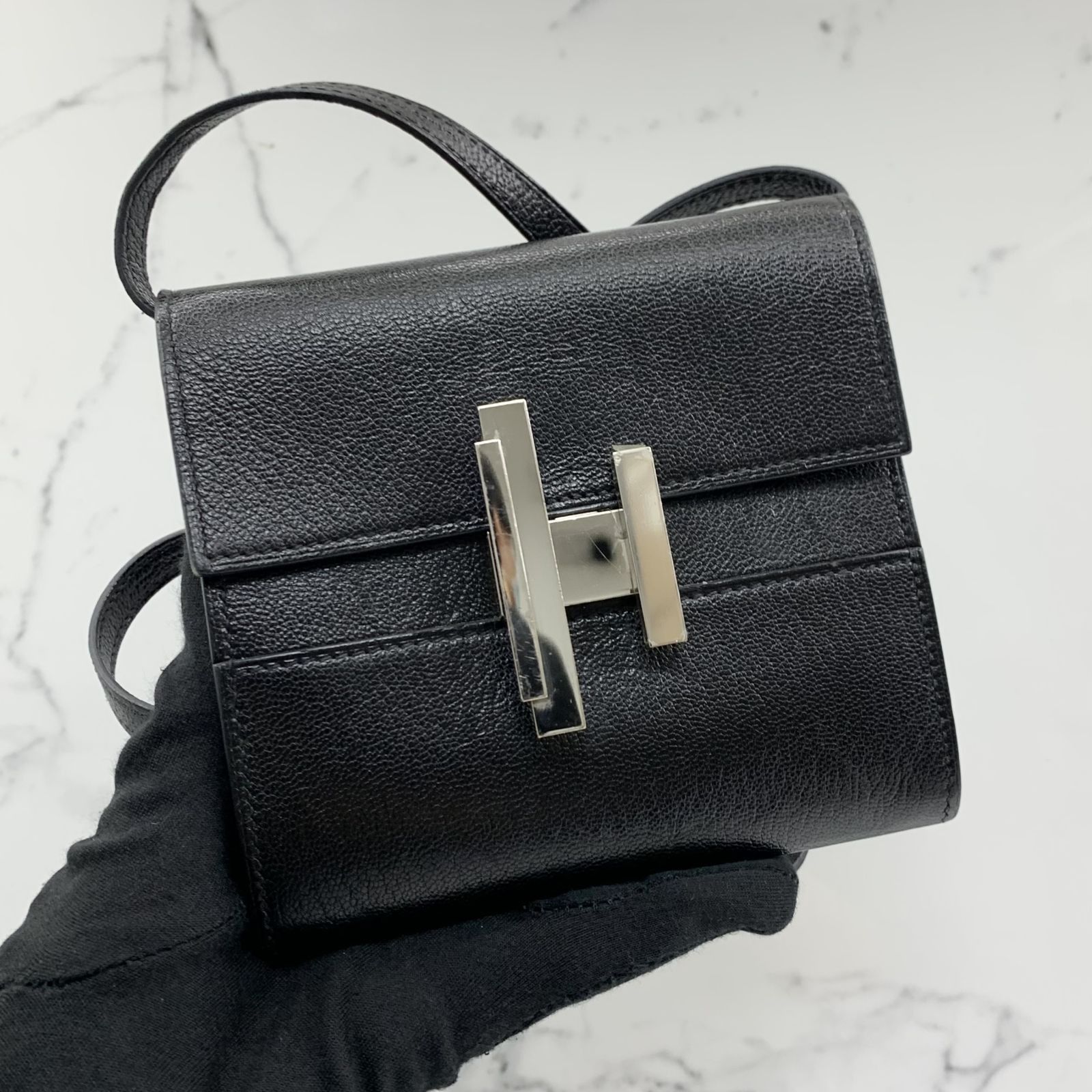 HERMES BLACK LEATHER CINHETIC TO GO A STAMP WALLET ON STRAP SHOULDER BAG 237009705 AL