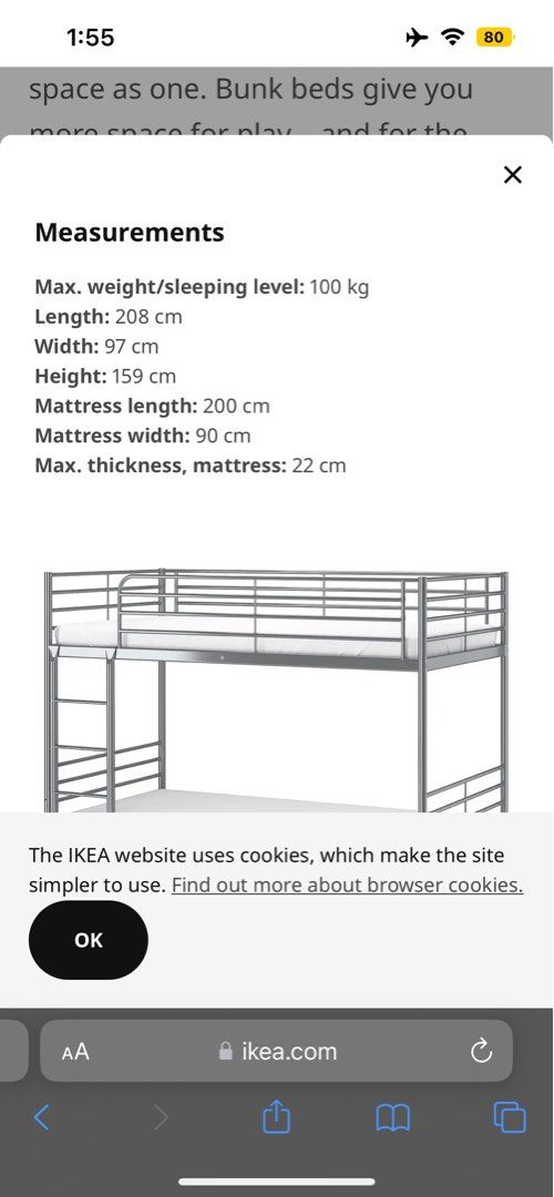 IKEA metal bunk bed silver, Furniture & Home Living, Furniture, Bed