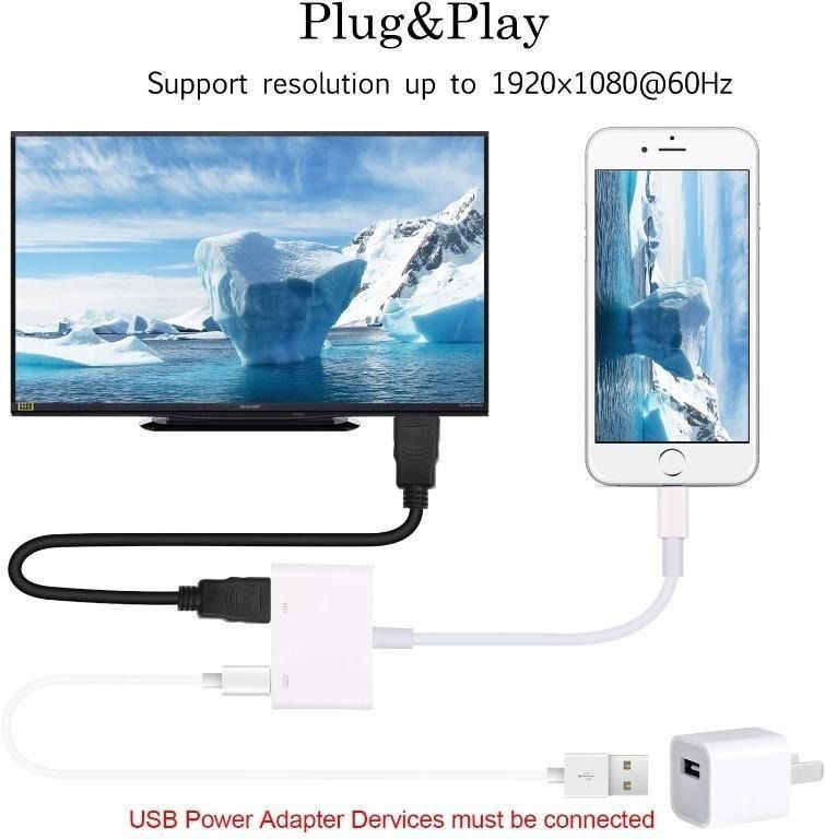 Lightning to HDMI Adapter, Lightning Digital AV 1080P Adapter with Lightning  Charging Port for Select iPhone, iPad and iPod Models and HDTV Monitor  Projector (White), Computers & Tech, Parts & Accessories, Cables
