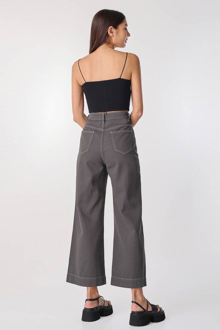Lovet Anyday Contrast Stitch Wide Leg Pants in Coal grey, Women's Fashion,  Bottoms, Jeans & Leggings on Carousell