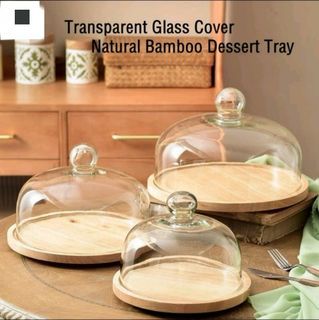 Nordic Style Transparent Glass Cover Dessert Fruit Cake Lead-free Glass Cover Bamboo Wood Round Tray