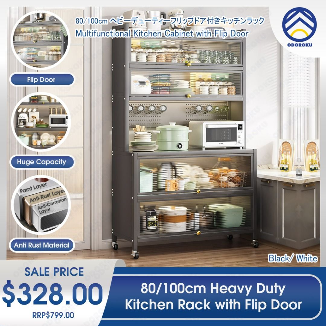 ODOROKU 80 100cm Heavy Duty Bakers Rack with Flip Door Kitchen Rack Microwave Rack with Wheels Kitchen Storage Rack with Wire Holes Kitchen Multi Tier Rack for Spices Pots and Pans Black White Furnitu...