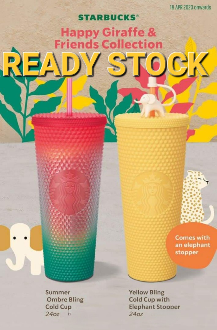 Starbucks Cold Cup Tumbler 24oz New 2023 Bling Yellow Elephant Topper +  Straw