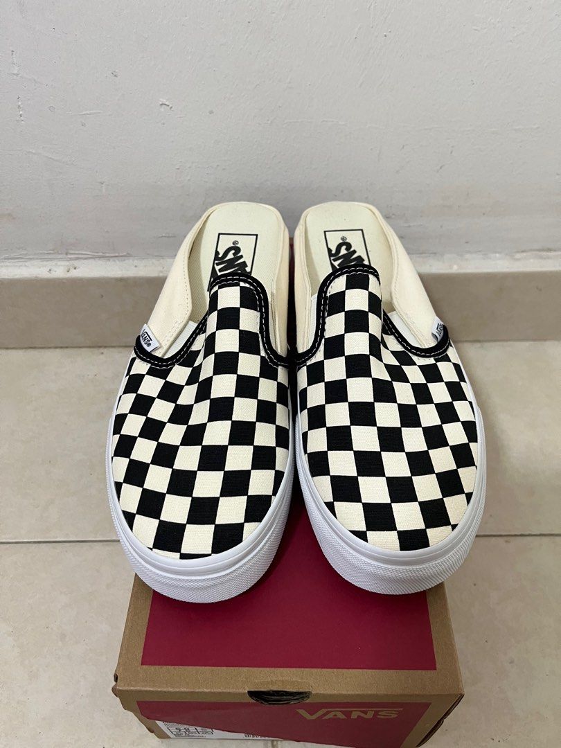Gingham vans slip ons black and white store