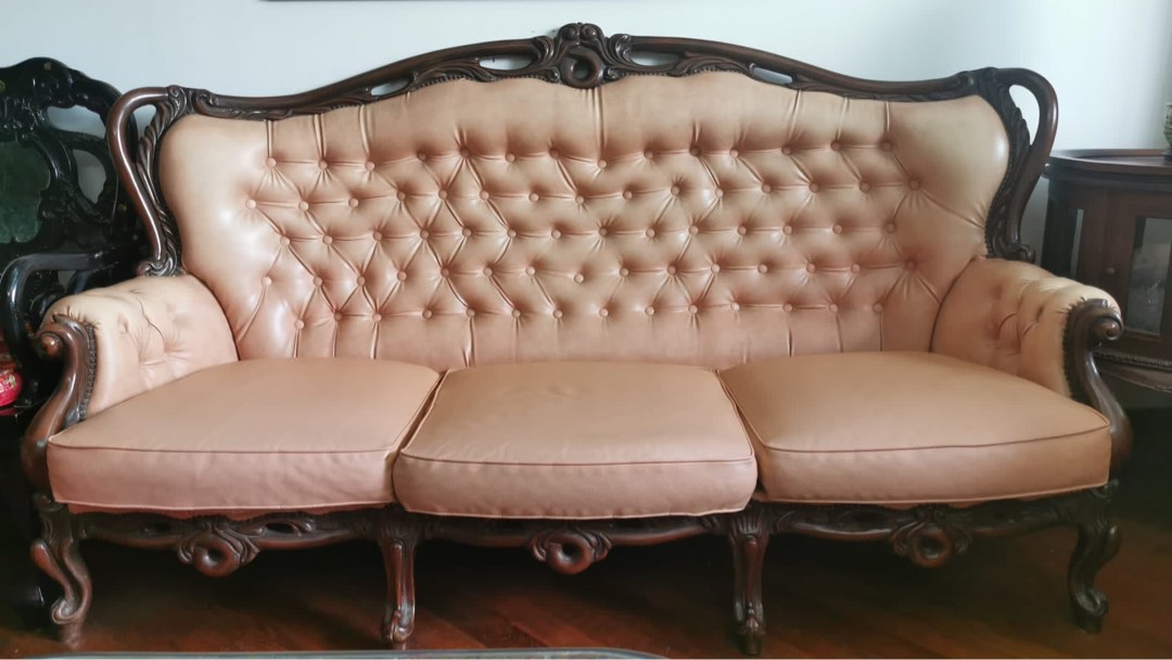 Victorian wood sofa set in peach 3 seater and 2x 1seater, Furniture
