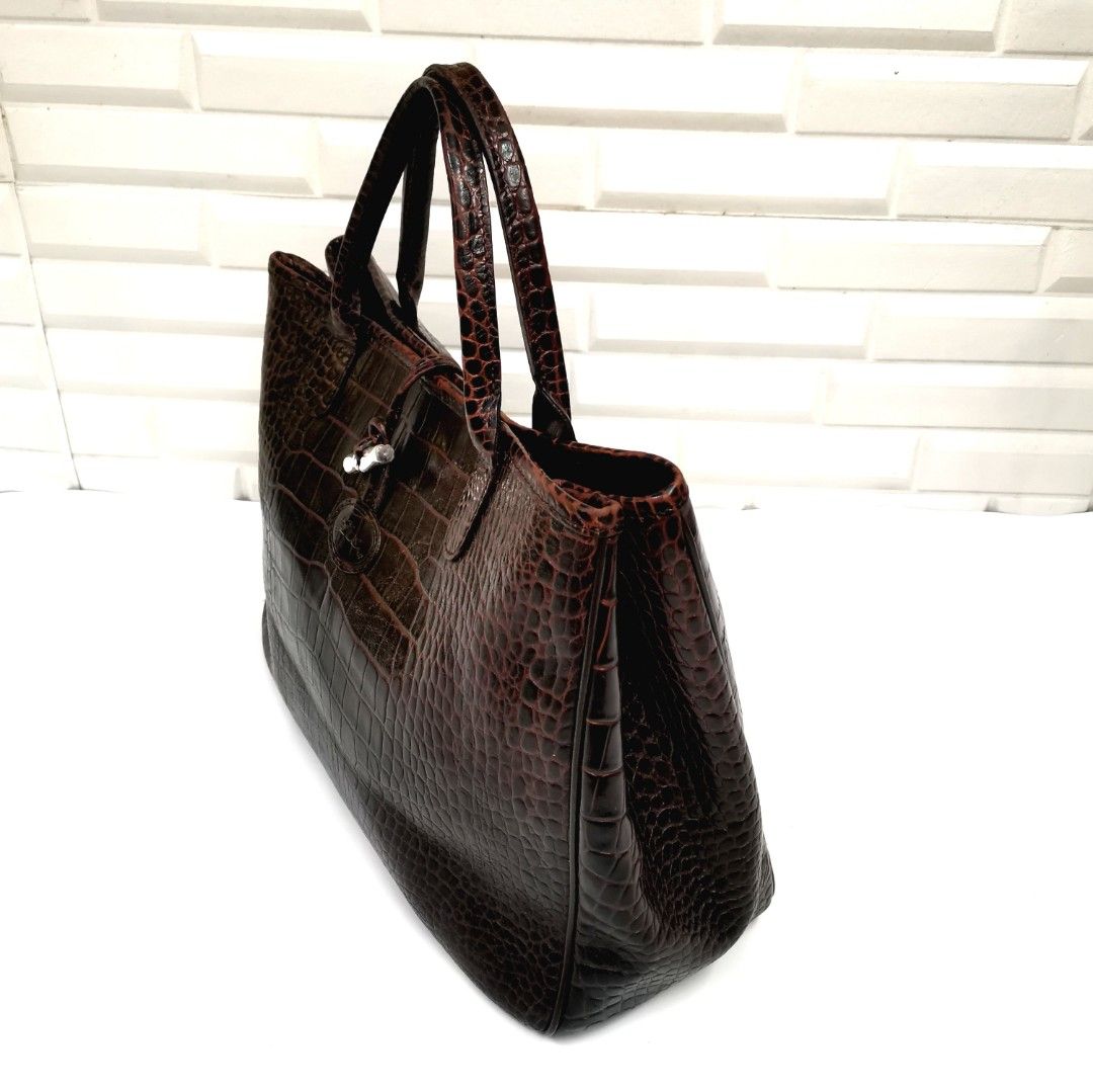 VINTAGE Longchamp Roseau Black Calf Leather Tote Bag from Japan