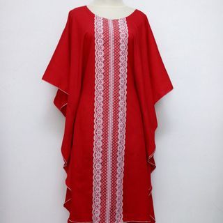 Atasan Kaftan tunik merah polos renda brukat putih/baju lebaran mewah cantik simple. SALE size besar xl