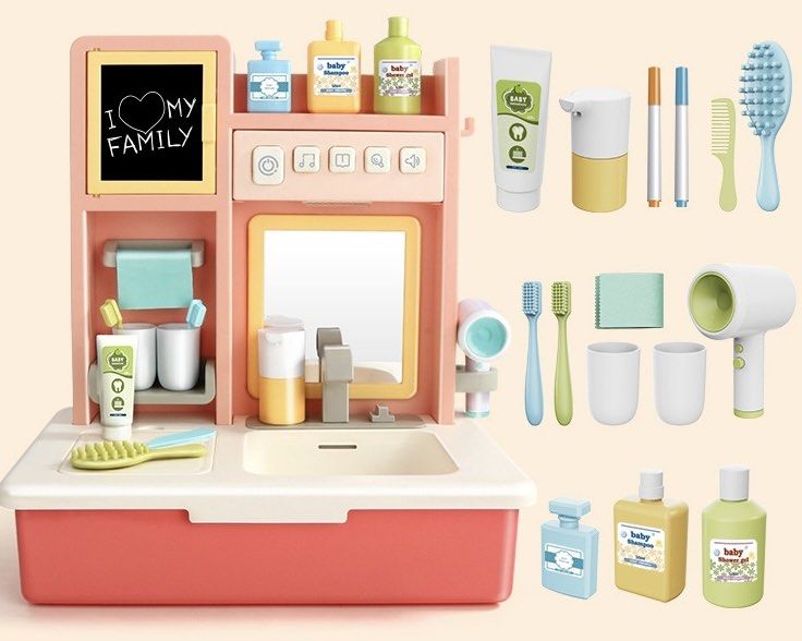 Bathroom Sink Toilet Playset Toy Set Pretend Play Real Water Flowing ...