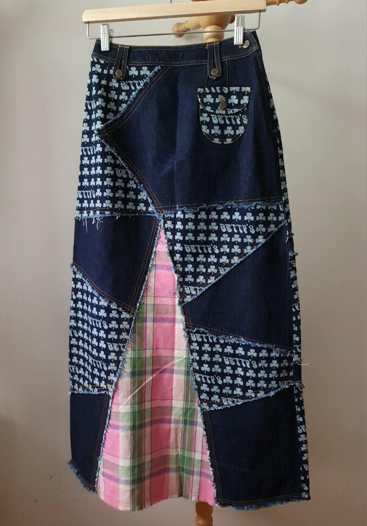 Patchwork plaid denim maxi skirt Betty s Blue Shinji Abe