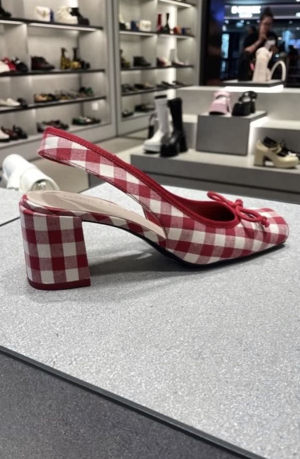Charles and Keith Red Bow Checkered Slingback Pumps Heels Cute Cottagecore