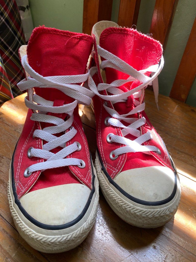 High cut red converse hot sale