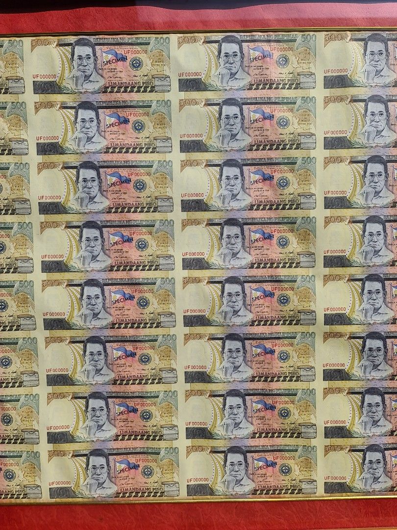 Framed - P500 specimen banknotes (Category: Currency) located in Makati City. Submitted by harvesting_game (Listing ID 1227253669, Image 2). Description: Beautifully Framed see-thru panel. P500 specimen bank notes. A great conversation piece. Perfect for the Study area.. enjoy!.