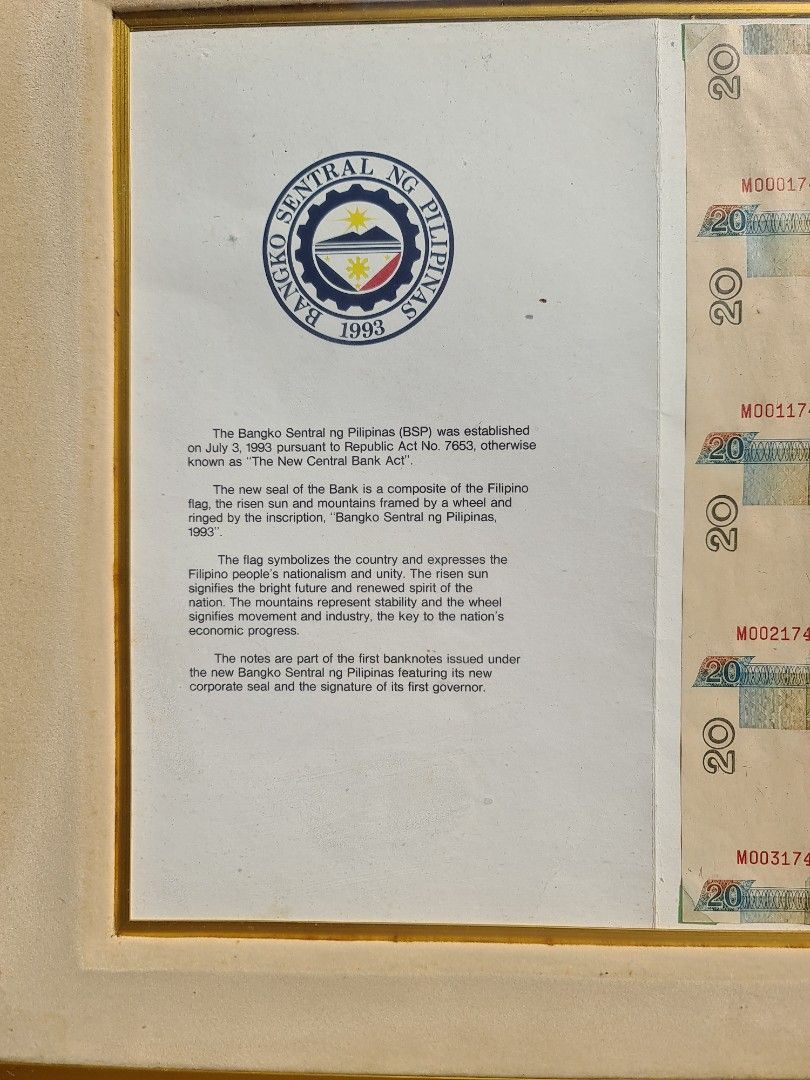 Framed commemorative banknotes (Category: Currency) located in Makati City. Submitted by harvesting_game (Listing ID 1227253288, Image 3). Description: Framed BANGKO SENTRAL NG PILIPINAS un-circulated commemorative P20 banknotes. May be hanged or displayed on it's Stand. Perfect for the Study or anywhere really... Great conversation piece! enjoy!.