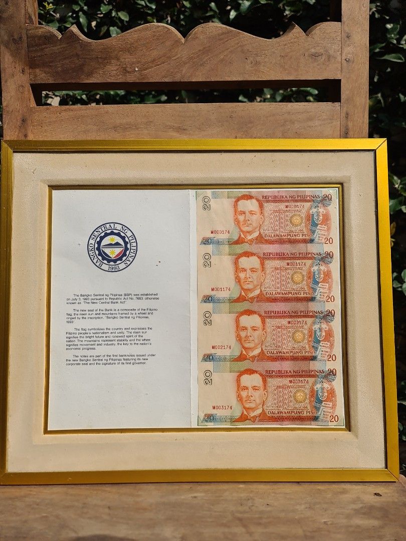 Framed commemorative banknotes (Category: Currency) located in Makati City. Submitted by harvesting_game (Listing ID 1227253288, Image 2). Description: Framed BANGKO SENTRAL NG PILIPINAS un-circulated commemorative P20 banknotes. May be hanged or displayed on it's Stand. Perfect for the Study or anywhere really... Great conversation piece! enjoy!.