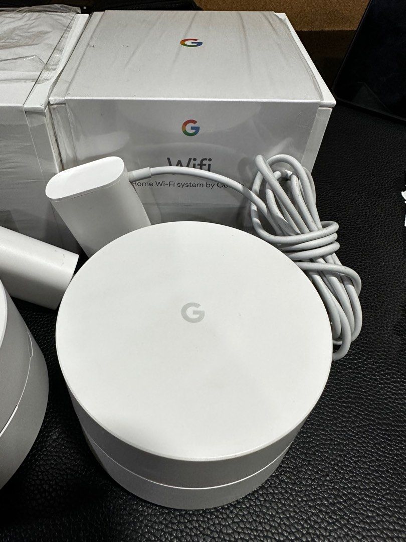 Google Home Wifi System (Mesh) (Category: Networking) located in Manila. Submitted by raintan888 (Listing ID 1227341558, Image 3). Description: Google Home wifi system, mesh wifi Condition: used (fairly), no issues or whatsoever, works perfectly fine Price: 3 pcs for 5,000.00 Qty: 3 sets only Comes with: - google wifi - original google power adapter - original google box with same serial as the nods RFS: change to a higher spec already Descriptio