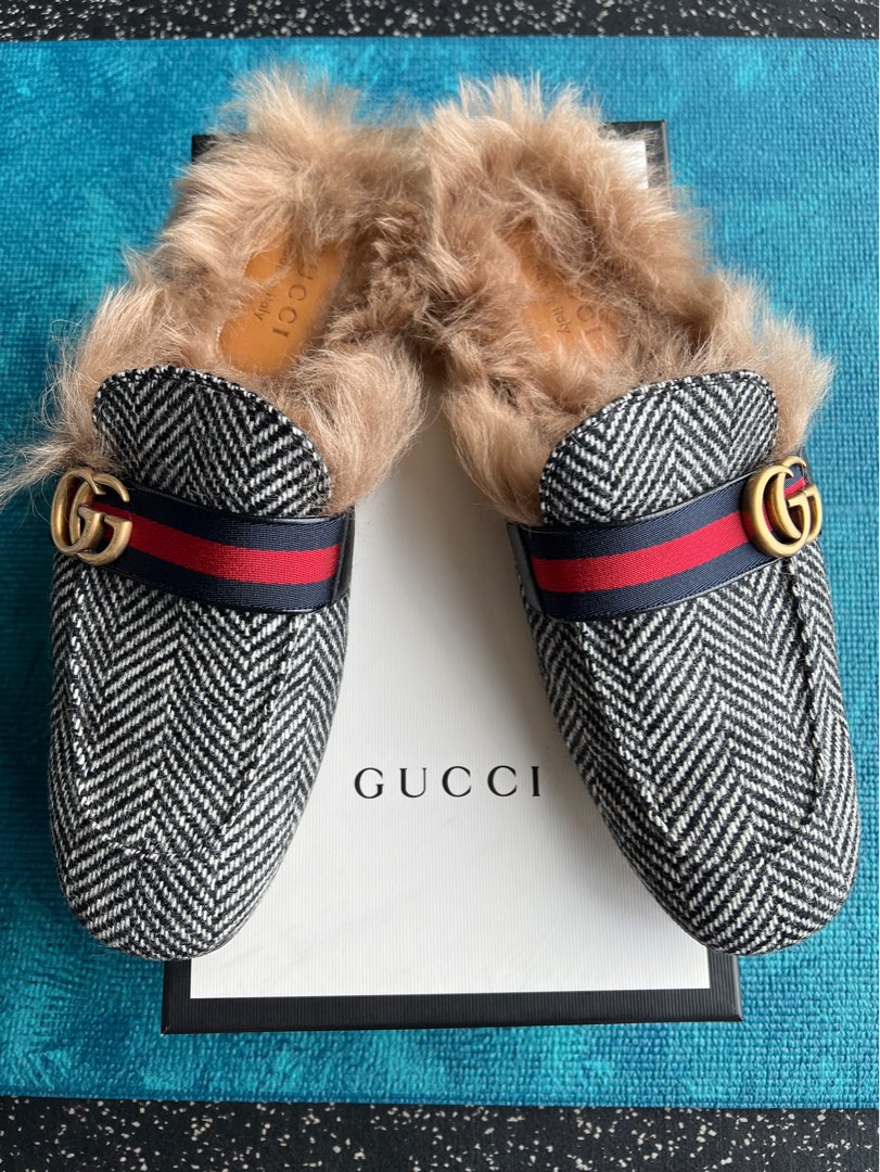 Gucci mens cloth mules double G slippers shoes with fur inside