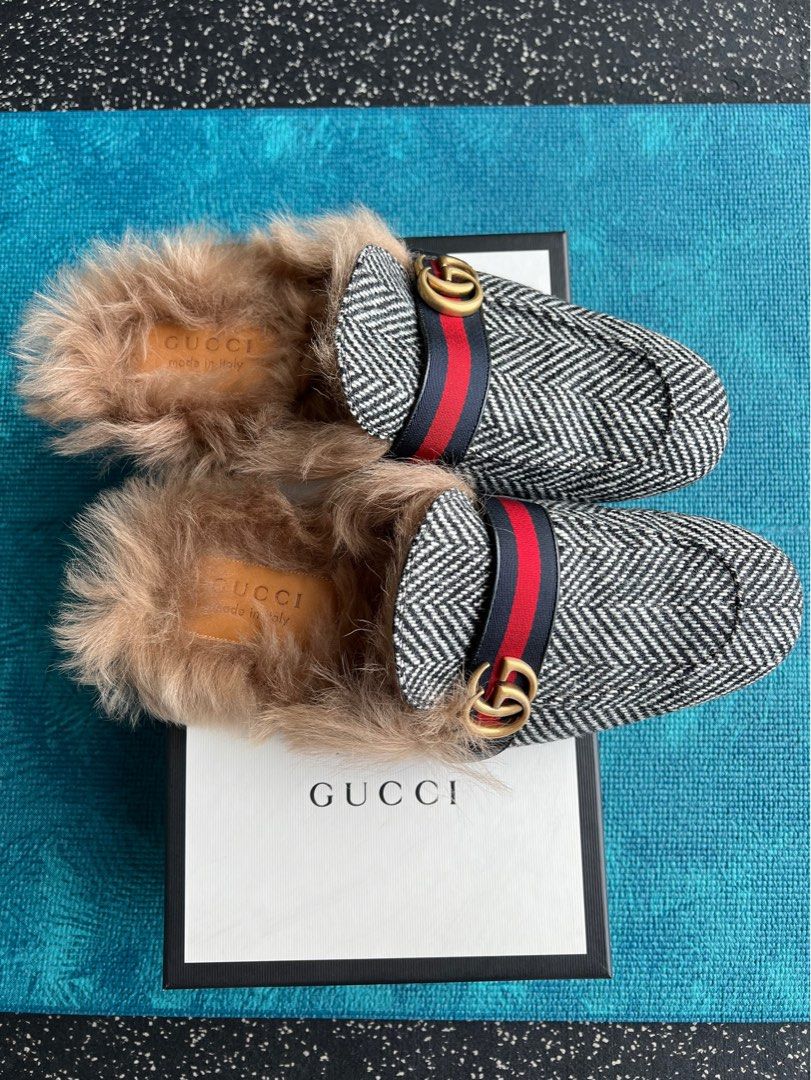 Gucci mens cloth mules double G slippers shoes with fur inside