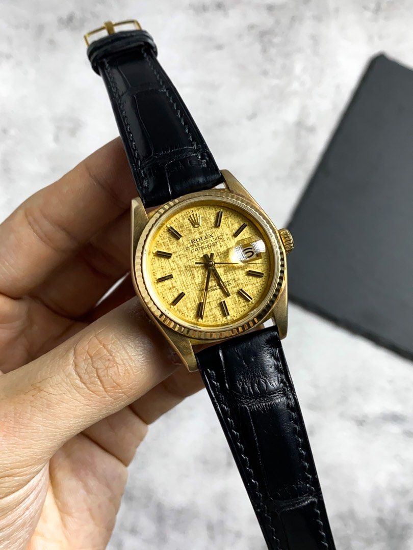 Handmade Jet Black Alligator Leather Watch Strap for Vintage Rolex Day Date Yellow Gold