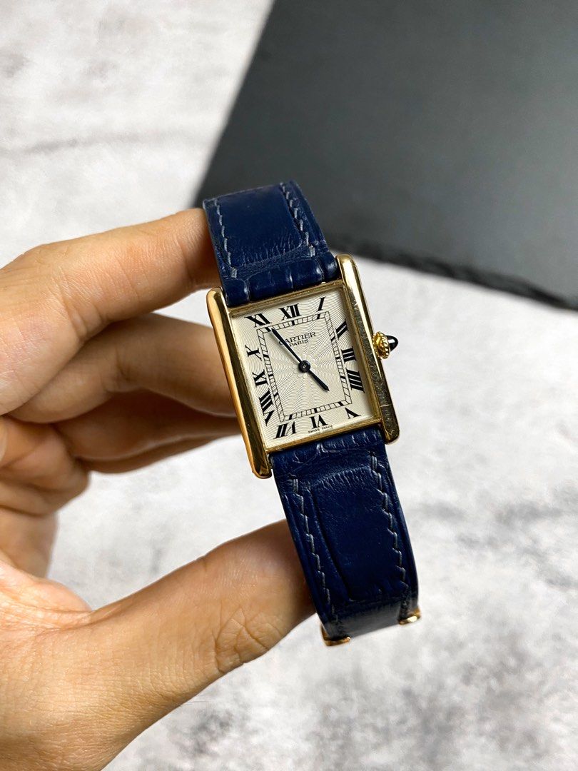 Handmade Navy Blue Alligator Leather Watch Strap with Dark Red Lining for Vintage Yellow Gold Cartier Tank