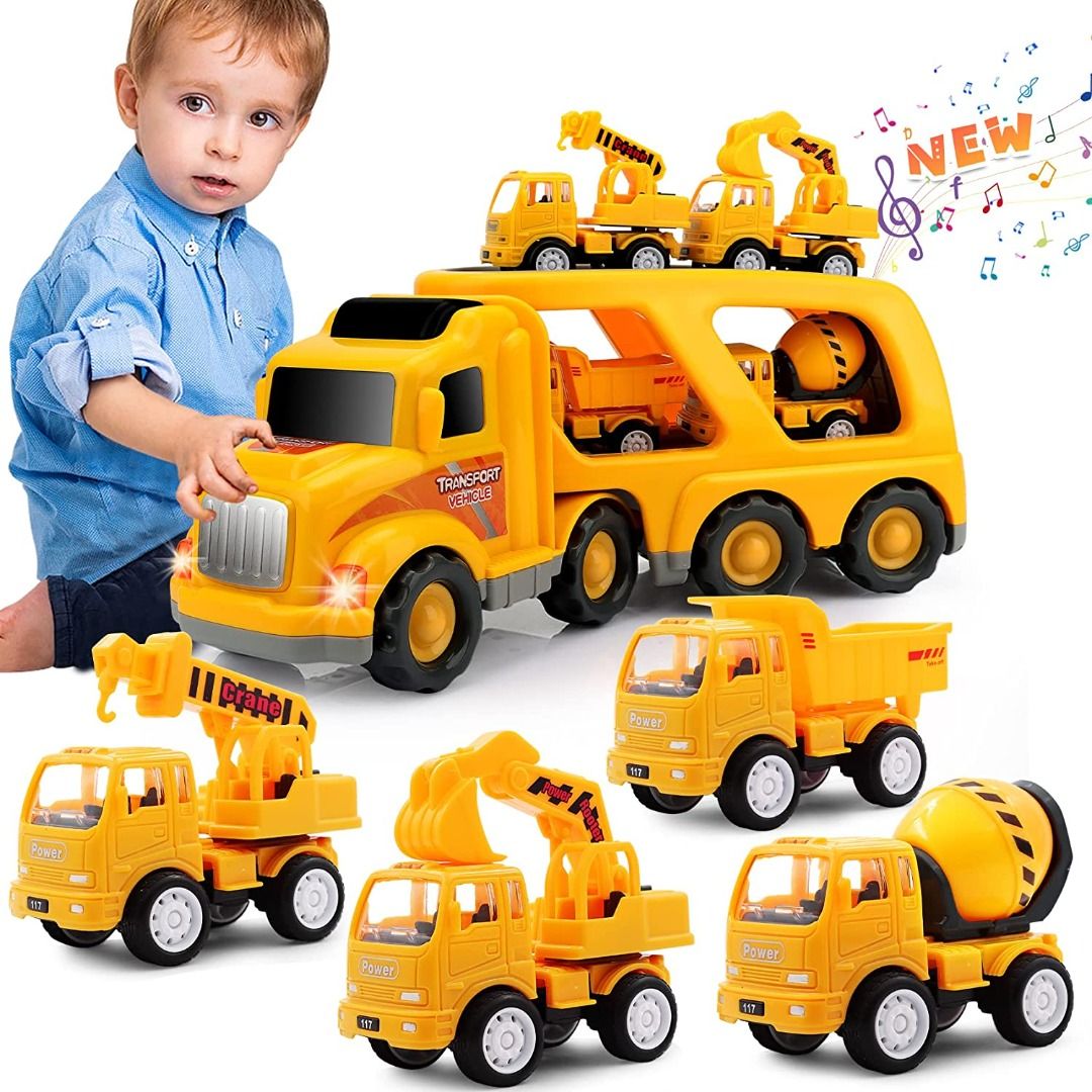 TEMI Truck Toys for 3 4 5 6 7 Year Old Boys - 5 Pack Carrier Transport City  Vehicles Toys, Kids Toys Car for Girls Toddlers Friction Power Set, Push