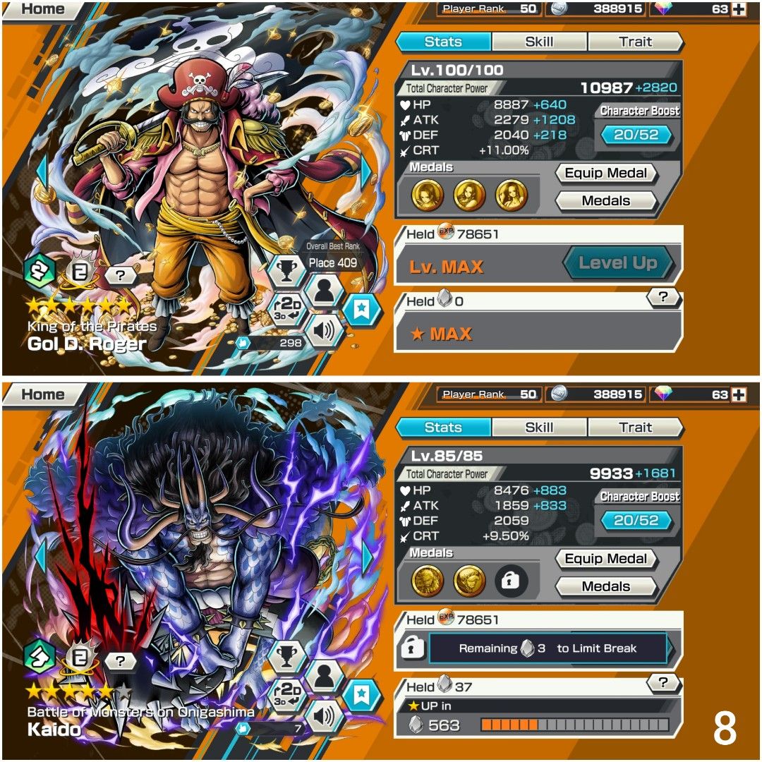 OPBR Account] 4 Extreme Max, Extreme Shanks FR Max, Extreme Olin Max, Extreme Roger Max, Extreme Yamato Max, HyperBoost 6, 49 Medals Max, Global