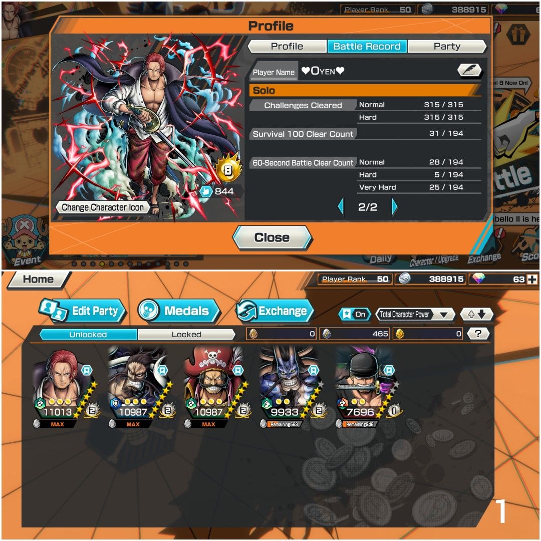 OPBR One Piece Bounty Rush Account 5ex Shanks Red, Kaido Defender