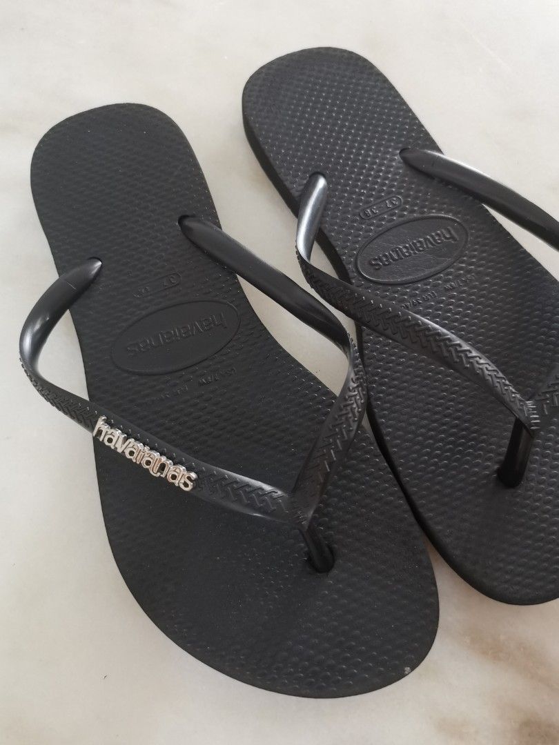 Original Havaianas Slim Logo Metallic Flip Flops Black Women s