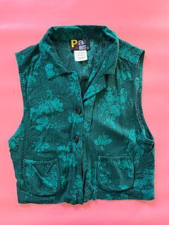 Playhouse 1980’s Crop Button Up Vest Green Aqua Houndstooth Floral Print Size S