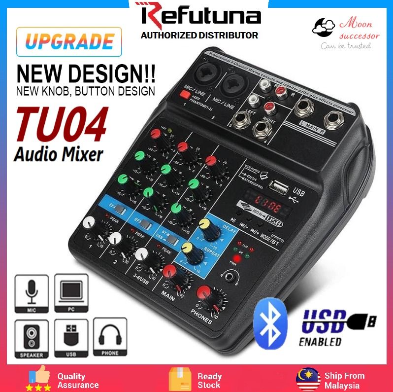 Refutuna 4 Channels TU04 A4 Audio Mixer Sound Mixing Console Bluetooth Line Mixer USB Record