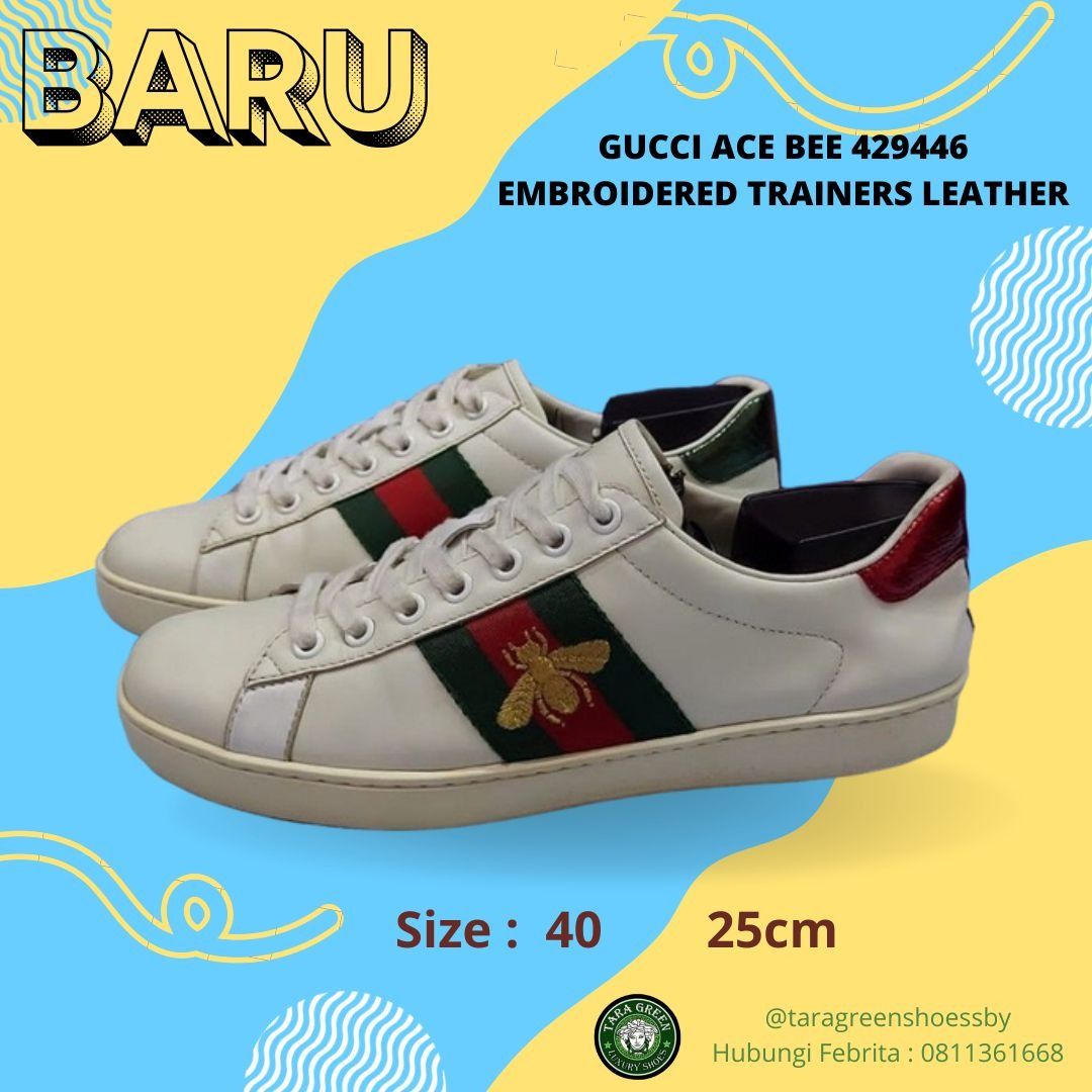 Sepatu Gucci Ace Bee Embroidered Trainers Leather White 429446 Size 40