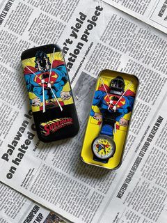 (Vintage) 1991 Superman - Man of Steel - DC Comics - Leather Strap Wrist watch with Tin Case