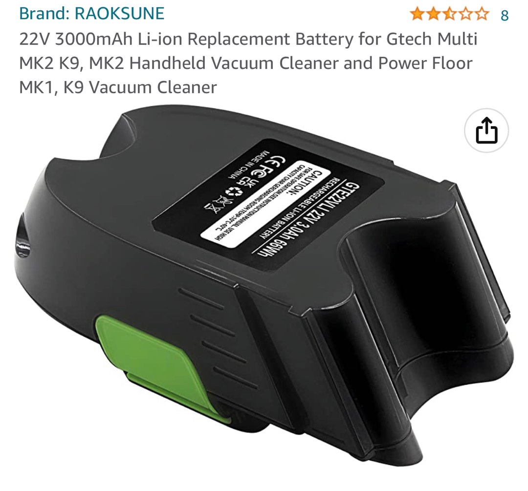 22V 3000mAh Liion Replacement Battery for Gtech Multi MK2 K9, MK2