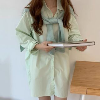 韓版 蘋果綠襯衫+披肩 顯白顯瘦 長襯衫洋裝