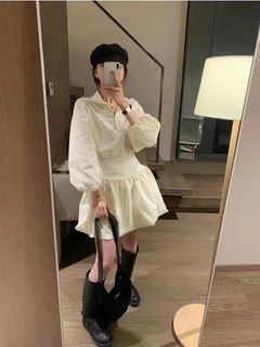 正韓 立領拉鍊挺版收腰腰身澎裙A字洋裝 三色