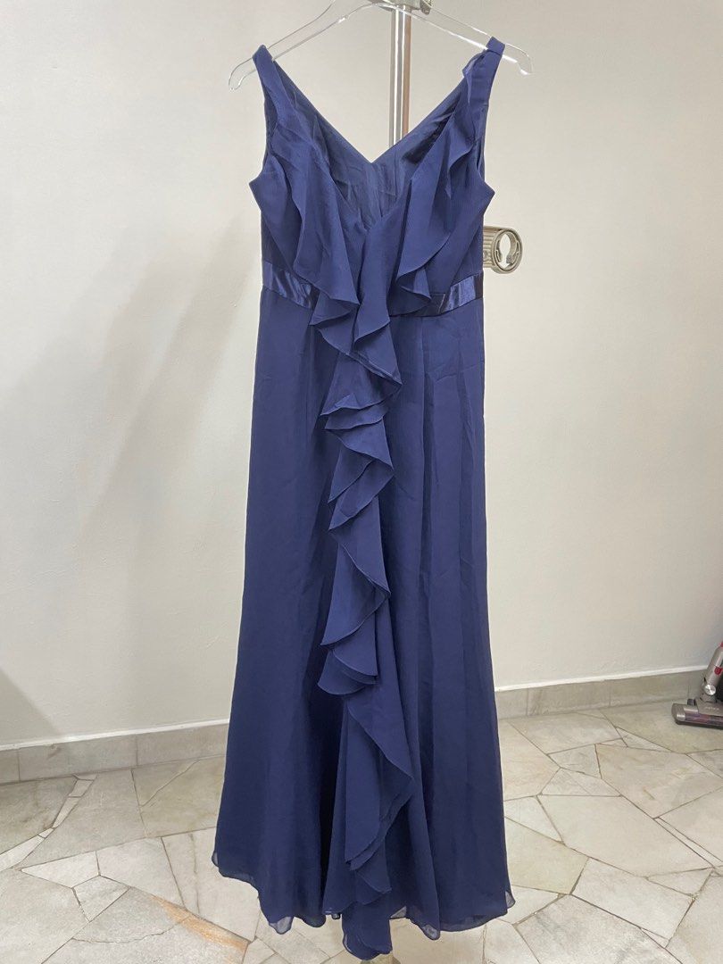 David s Bridal Navy Blue Sleeveless Back Ruffles Chiffon