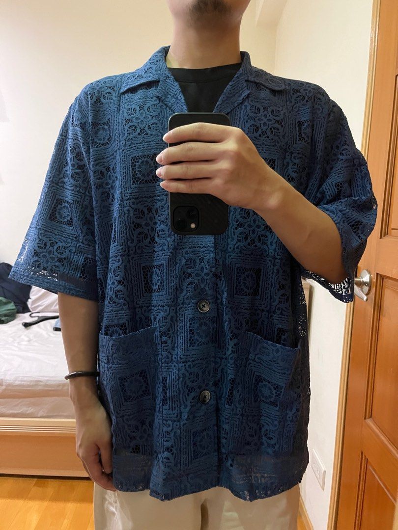 全新) NEEDLES / Cabana Shirt - C/PE Lace Cloth / Square 藍色M號