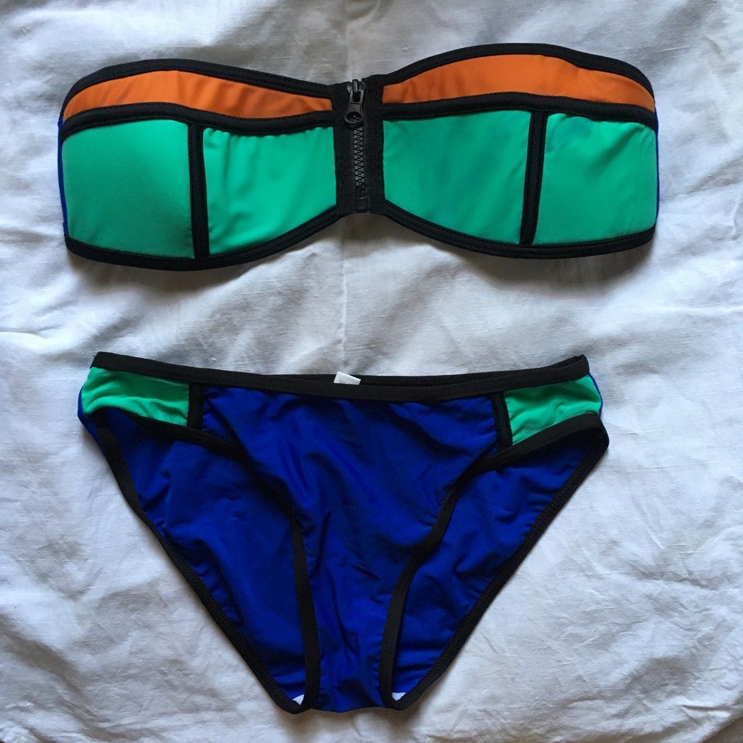 Bandeau tube swimsuit bikini two piece zipper royal blue green orange