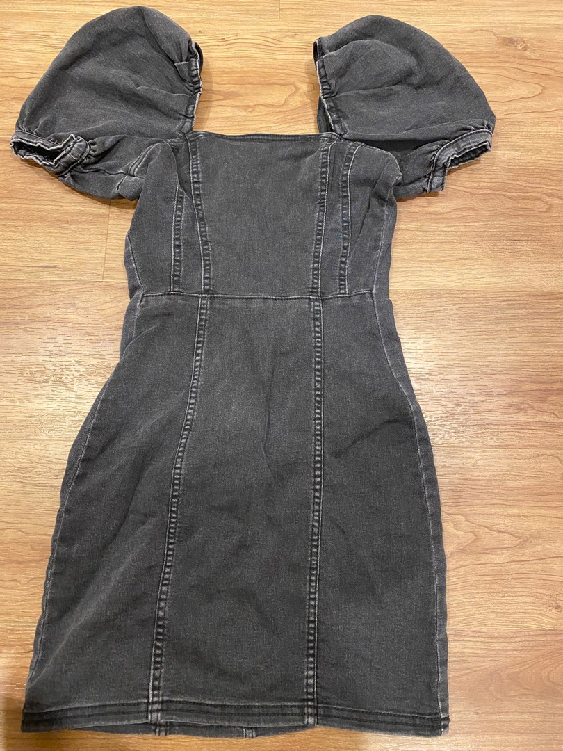 white christmas dresses Puff Sleeve Denim Dress-Indigo main image 1