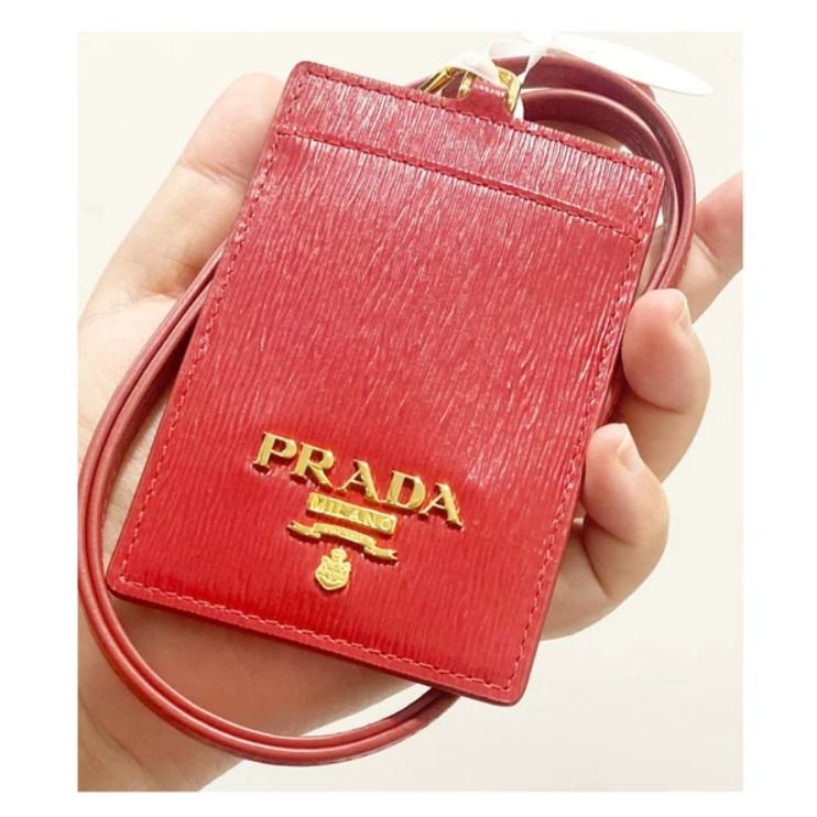 Prada Vitello Move Black Leather Logo Plaque Lanyard Cardholder