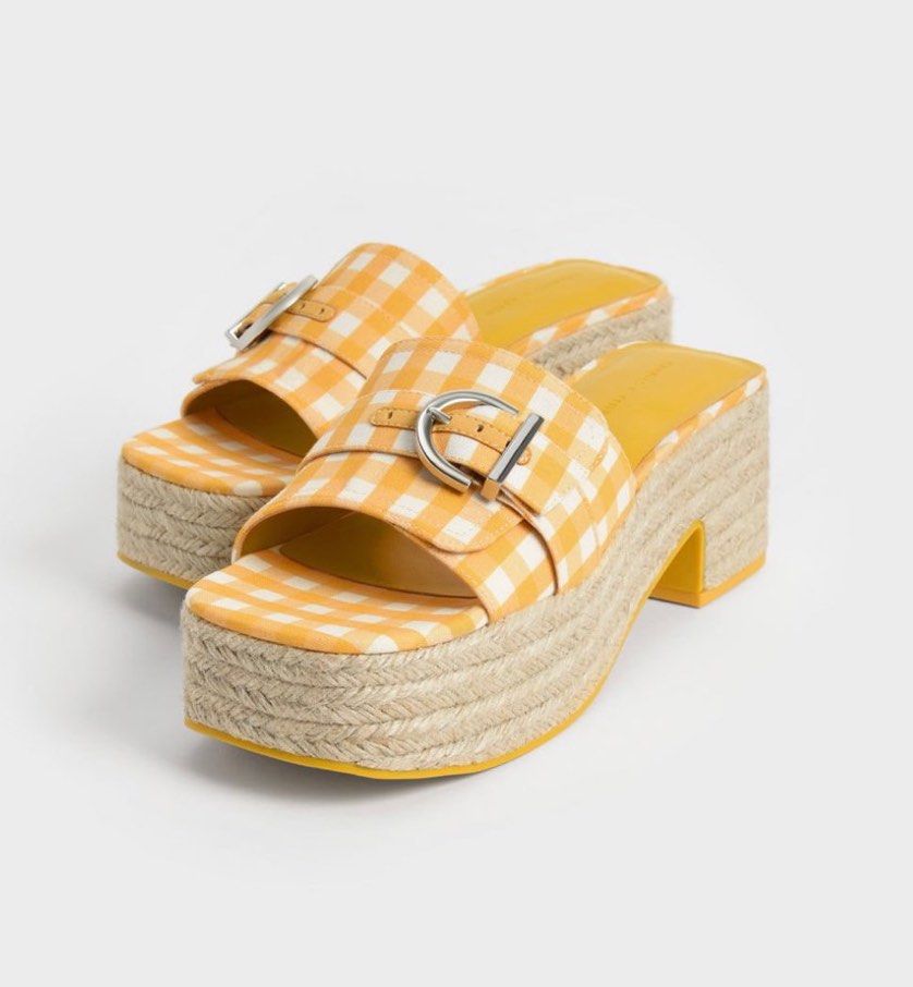 Buckled Linen Gingham Platform Espadrilles in Yellow Charles Keith