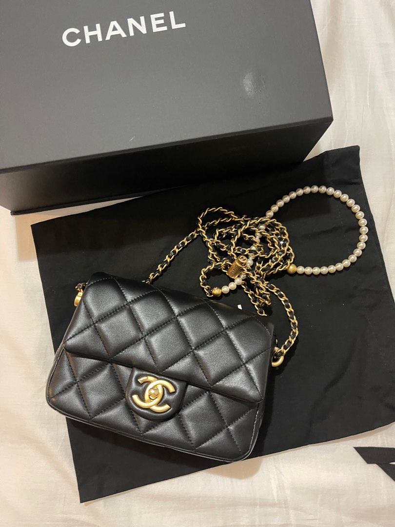 CHANEL 21K MY PERFECT MINI PEARL & LEATHER STRAP, Luxury, Bags