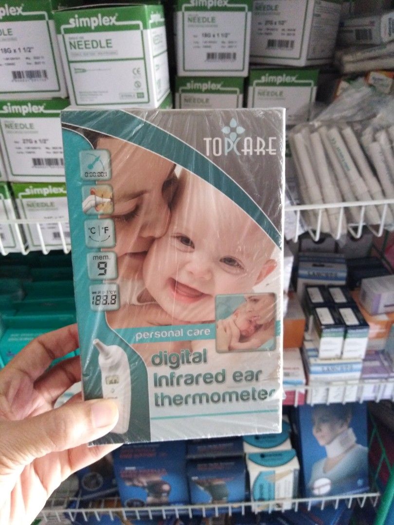 Digital Infrared Ear Thermometer (TOPCARE) (Category: Other Assistive Aids) located in Quezon City. Submitted by velascoani41246 (Listing ID 1227470686, Image 1). Description: 1 second Measurement 2 smallest hygiene probe cover 3 c/f switchable 4 9 memories 5 self diagnosis when device is abnormal.