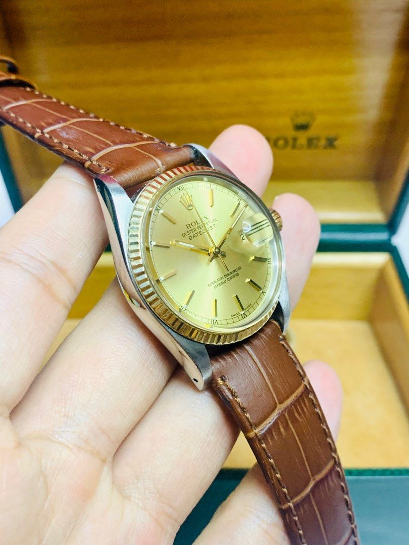 Excellent Condition ROLEX Datejust 16013 Champagne Gold Dial 36mm Automatic Watch Clean Movement