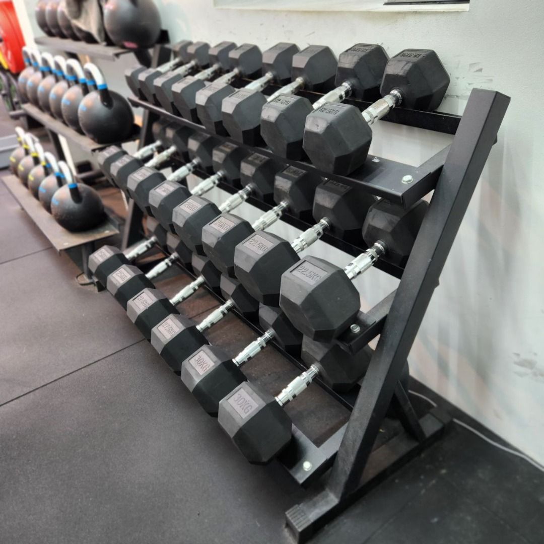 Hex Treated Rubber Coated Fixed Dumbbells with 3Tier Metal Rack