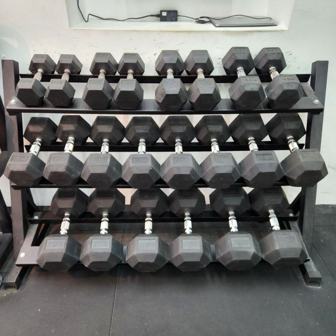 Hex Treated Rubber Coated Fixed Dumbbells with 3Tier Metal Rack