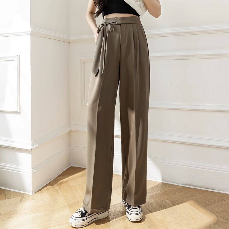 High waist drape tie pipe black suit wide leg pants women's spring 2023 new loose  straight casual trousers, Women's Fashion, Muslimah Fashion, Bottoms on  Carousell